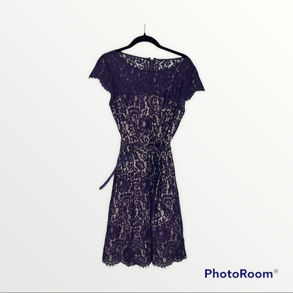 ELIZA J Purple Lace Belted Cap Sleeve Fit and Flare Cocktail Dress, Size 10 - Picture 4 of 10